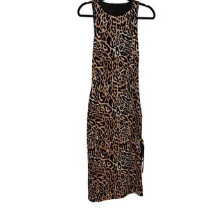 h:ours Brown Leopard Print Sleeveless Mesh Back Bodycon Midi Dress Sz Small